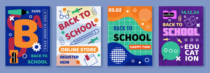 Back to school background. Education flyer. Students stationery. Abstract pattern. University studying flat icons. Books read. Online shop banner. Creative design text letters. Vector tidy posters set