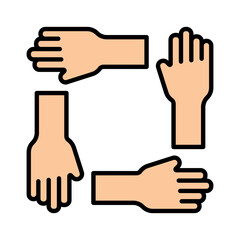 Teamwork icon. Four hands in a square, collaboration, unity, cooperation, support, teamwork, working together.