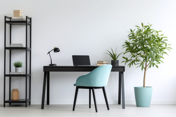 A minimalist home office desk with a blue chair, laptop, and potted plants. An absent employee at the workplace.
