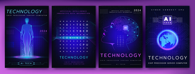 AI tech poster. Artificial intelligence future technology. Digital data. Innovate information. Cyber connect. Human cyborg body. Head with chip processor. CPU glow. Computer server. Vector banner set