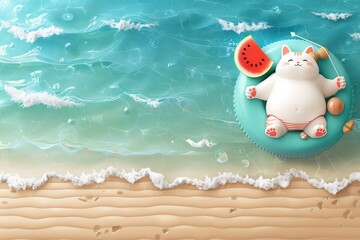 A cartoon cat floats on an inflatable ring in the sea and holds a piece of watermelon. Concept: Children's illustration, summer posters, children's books