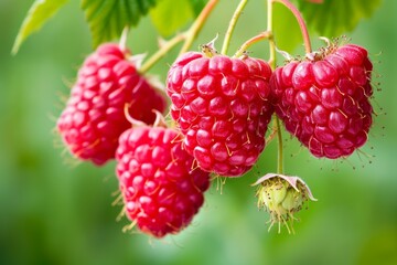Ripe red raspberries hanging on a vibrant green bush