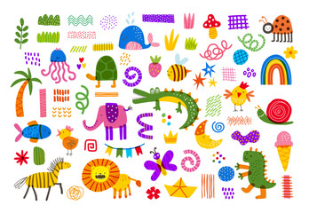Animal childish. Cute doodle character, figure abstract, icon fun, children shape. Monster, bird and elephant, cartoon zebra and crocodile. Baby nursery. Funny happy creature. Vector art design set