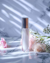 cosmetic product on a marble surface with flowers and light shadows. modern and stylish