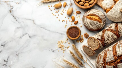 Artisan bread variety on marble background with almonds and wheat