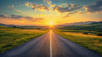 Naklejka premium Rural Road Winding Through Green Hills at Sunset