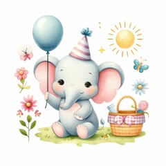 Fototapeta premium baby shower summer theme. watercolor illustration, Perfect for nursery art, simple clipart, single object, white color background. for Baby Shower Invitation Template.