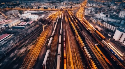 Naklejka premium busy train station with many long train lines. Several trains, different ones on the tracks and parked on the track;