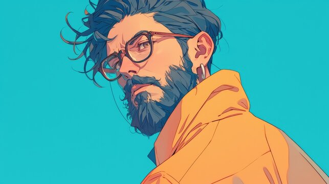 A casually dressed young man sporting a beard embodies the essence of cool sophistication