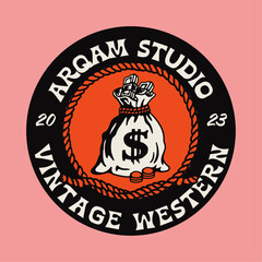 Vintage Drawing of Cowboy Money Rope Badge