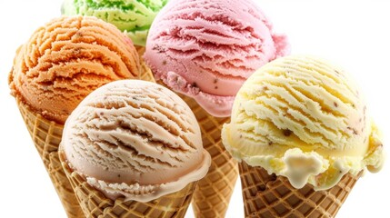 Sumptuous colorful ice cream cones assortment closeup