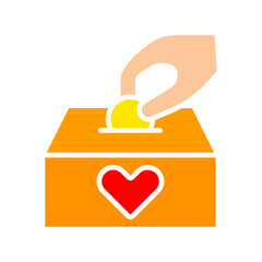 Donation icon. Hand placing coin in box with heart, charity, giving, philanthropy, help, donation, contribution.