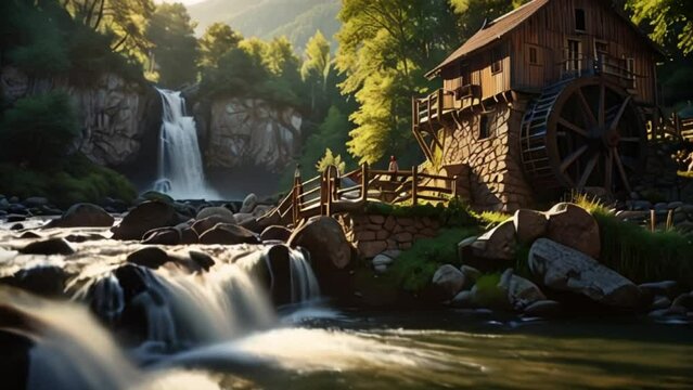 waterfall and waterwheel with morning atmosphere. seamless looping 4k video