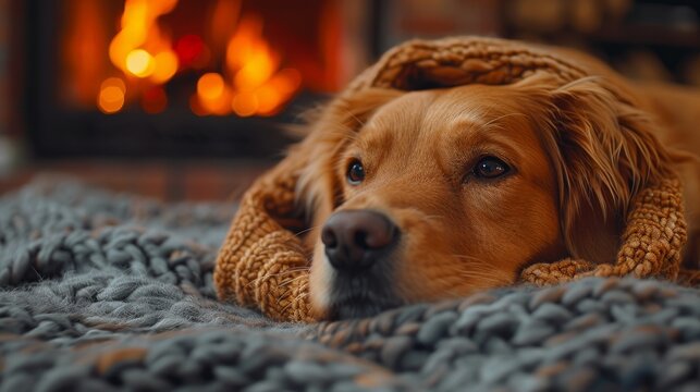 in front of an evening fireplace in a modern apartment,chien qui dort, chien qui ecoute de la music, note de music