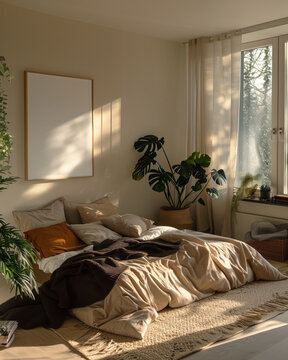 50 x 70cm, 20 x 28 inches, wood frame mockup in a cosy neutral warm sunlight filled messy bedroom with plants