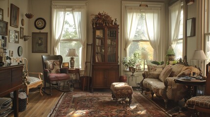 A warm and inviting vintage living room with antiques, comfortable furniture, and a cozy reading nook.