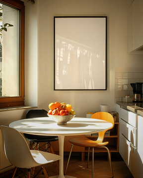 Black frame 70 x 100cm, 28 x 39, mockup in a cosy kitchen corner with round white dining table, large window with sunlight
