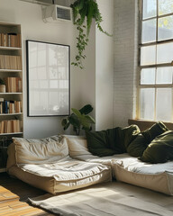 Black frame mockup 70 x 100cm, 28 x 39 inches, in a white wall, wood floor, beige sofa, loft apartment living room © Amy