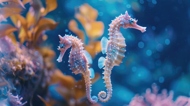 Close up view of seahorses swimming horizontally in a tank with a blurred blue backdrop