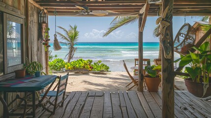 photograph of the porch of an old wooden house on the beach, overlooking the sea and white sand with turquoise water