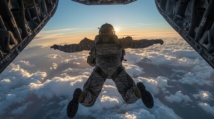 A paratrooper captured mid-free-fall above a bed of clouds during a skydiving exercise or adventure