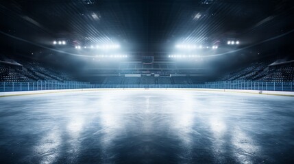 A hockey rink with a bright blue sky in the background. The rink is empty and the lights are on