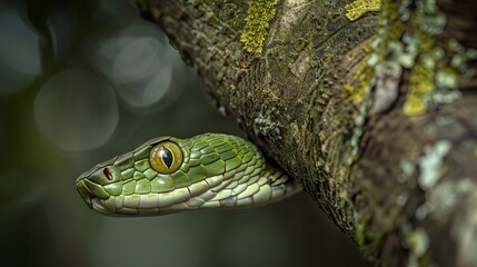 The slender body of a vine snake hangs suspended from a tree branch, its scales blending seamlessly with the mottled bark. 