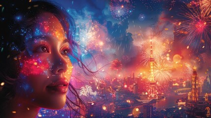 Woman Enchanted by Fireworks Over City Skyline