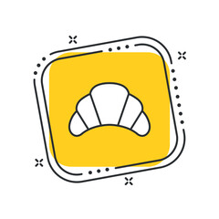 Cartoon croissant icon vector illustration. Crescent bread on isolated yellow square background. Dessert sign concept.