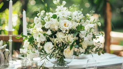 Elegant White Floral Centerpiece With Candles On Wedding Table
