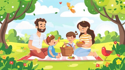 Fototapeta premium vector illustration of happy family portrait, mom and dad with baby girl in the flowers field