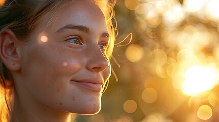 Fototapeta premium Golden Hour Glow: A Woman Smiles at the Setting Sun