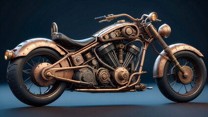 A custom motorcycle in an authentic creative workshop. Motorcycle in vintage steampunk style