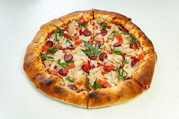 Homemade pizza with marijuana or cannabis leaves. Fresh medical marijuana, cannabis decorate on pizza. close-up, macro,