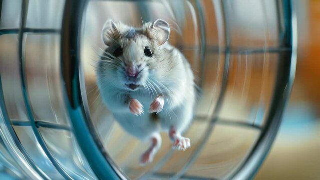 A hamster is running in a wheel. The hamster is white and has black ears