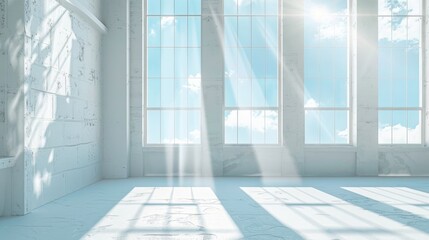 proffessional interior photography, White Loft Wall with high window with sunny blue, tourquise sky outside, feminine, soft, white, bright 