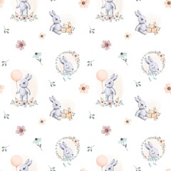 Watercolor pattern with cute and bunnies in vintage style, in pastel soft colors. Perfect for any design and production. Image JPG 300 
