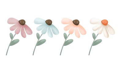 Watercolor illustration of cute flowers in different, pastel colors. The collection is perfect for any design and production. Image JPG 300 dpi.