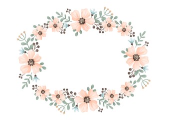 Watercolor illustration of a floral, oval wreath in pastel soft colors. Perfect for any design and production. Image JPG 300 dpi.