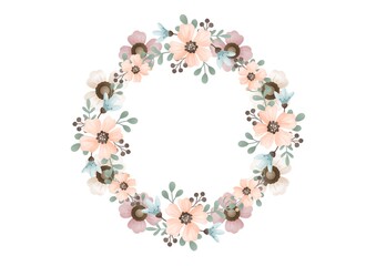Watercolor illustration of a floral, round wreath in pastel soft colors. Perfect for any design and production. Image JPG 300 dpi.