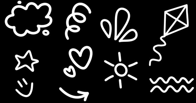 Animated Doodle Icon Set: Cloud, Arrow, Hearts, Smile, Sun, Star, Kite. Cute line Sticker in Sketch Style, Isolated on Black. Hand-Drawn Loop 4K Video on Transparent Background, Alpha Channel.