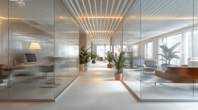 A small office, fluted glass dividers, lighting fixtures. Generative AI.