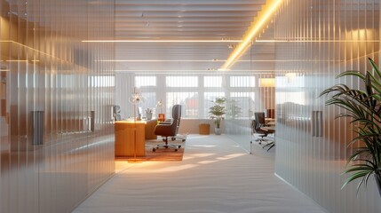 A small office, fluted glass dividers, lighting fixtures. Generative AI.