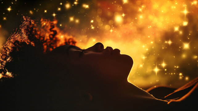 Silhouette of a African American woman lying under stars and galaxies in her dream. Surrealistic astrology concept.