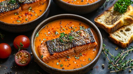 Creamy salmon lohikeitto soup in bowl on dark background, perfect for food lovers, with copy space