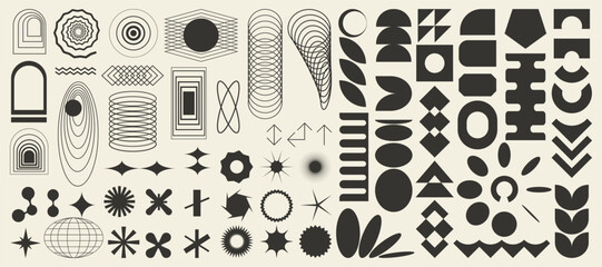 Set of brutalist abstract geometric elements, brutal contemporary figure, swiss design , bauhaus memphis shapes and grids for light backgrounds, isolated, black and white
