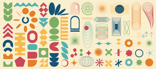 Set of brutalist abstract geometric elements, brutal contemporary figure, swiss design , bauhaus memphis shapes and grids for light backgrounds, isolated