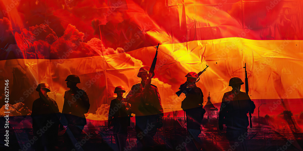 Wall mural the red and yellow: the flag of armenia with soldiers in traditional armenian garb - visualize the f - Wall murals
