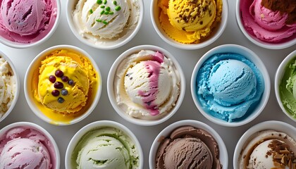 A top-down view of various ice cream flavors in small bowls
