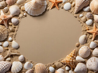 Obraz premium A decorative arrangement of seashells and starfish on the sand, capturing the essence of the ocean and beach life. Сoncept of Marine Decor